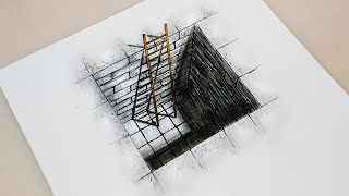 How to draw - 3d illusion, pit, hole with ladder - Anamorphic Drawing - Optical illusion