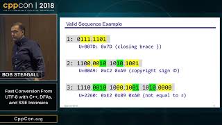 CppCon 2018: Bob Steagall “Fast Conversion From UTF-8 with C++, DFAs, and SSE Intrinsics”