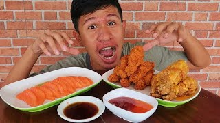 ดิบ VS สุก ｜ อดข้าว24ชั่วโมงกิน แซลมอน vs ไก่ชีส vs ไก่เผ็ด [45Ce9cxuFzM]