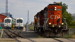 CN 568 light power with BNSF H1 trailing! Long Hood Forward GP9!