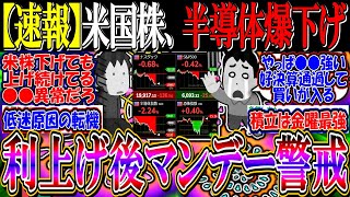 【速報】米国株、半導体爆下げ…『超円安、利上げ後のマンデー警戒か』【新NISA/2ch投資スレ/お金/S\u0026P500/NASDAQ100/FANG+/2244/SOXL/トランプ/AI/エヌビディア】