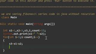 Fibonacci series in java without recursion code example in java.@JavabyHasini #java #code #youtube