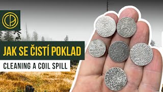 Cleaning silver coin treasure - coin spill found with metal detector