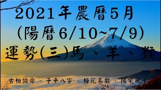 【古柏論命】2021年農曆5月(陽曆6/10 ~ 7/9)生肖八字流月運勢分享 (三) 馬、羊、猴