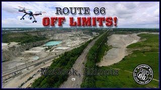 Route 66 - OFF LIMITS - Joliet Road in McCook, Illinois.  Aerial video of Vulcan quarry