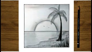 Como dibujar un paisaje con playa y palmeras  DIBUJO FACIL Landscape Drawing - Karakalem Manzara