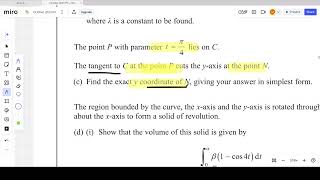 Q.No.8-Calculus (Differentiation of Parametric Equation, Tangent Equation & Volume Under Revolution)