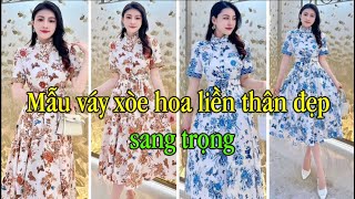 V1776. Mẫu váy xòe hoa liền thân đẹp sang trọng | Mẫu đầm xòe dự tiệc dài qua gối