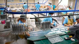 ホタテ貝殻配合チョークを作るプロセス。粉の飛散が少ないダストレスチョークを１日２０万本の大量生産！日本一のチョーク工場。