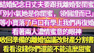 結婚紀念日丈夫要跟我離婚娶閨蜜  「別小氣她是你閨蜜，領個證而已」  「等小寶落了戶口有學上我們再復婚」  看著兩人濃情蜜意的眼神  收回準備的離婚協議換成財產分割書  我倒要看看沒錢你們還能不能甜蜜