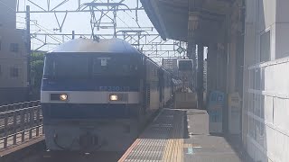 【岡白桃+ブルサンムドの貨物列車】JR貨物 EF210-13号機+EH200-901号機+コキ1B+タキ5B 岡A21仕業[8764レ] 東京タ行 八丁畷駅通過！[2024.05.10(金)]