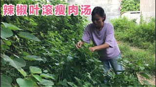 农村90后宝妈摘野生的辣椒叶滚了一大盆瘦肉汤 一上桌就差点抢光