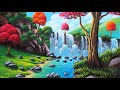 Waterfalls in the mountains | autumn nature drawing painting