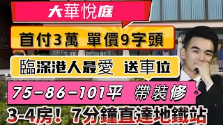 一線臨深［大華悅庭］精裝修 送車位 | 單價9千幾 首付3萬上車 | 75-86-101平 三至四房 | 7分鐘直達地鐵站 |港人朋友最愛 | 巴士 商業齊全#惠州房產 #臨深樓盤 #新房#現房