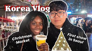 Korea Vlog : First snow in Seoul, Christmas Market and buying presents ❄️🎄🎁