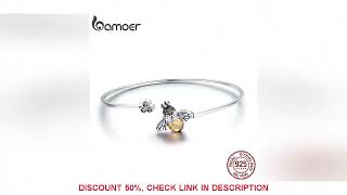 Bamoer 925 Sterling Silver Crystal Yellow Bee Bangle Silver Cute Insect Bracelets for Women Birthday