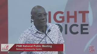 Prime Minister, Dr. Keith Rowley, speaking at the PNM public meeting at the Belmont Community Centre