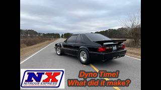 Foxbody on the dyno with Nitrous - 150hp shot inside!  What do you think it made?