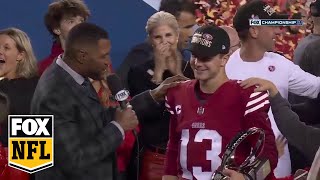 49ers postgame trophy ceremony after defeating Lions in NFC Championship game |