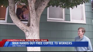 San Francisco man giving coffee to essential workers