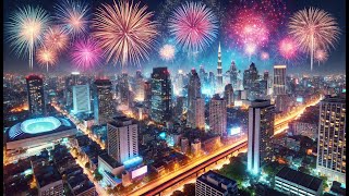 The sound of fireworks bursting, brilliant fireworks light up the city, [4 hours] of white noise.