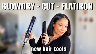 Wash, Blowdry, \u0026 Cut on Natural Hair | Trying New Conair Blowdryer \u0026 GHD Chronos Flatiron!