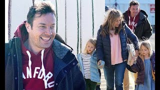 Jimmy Fallon, 45, is seen beaming from ear-to-ear as he lands in New York City via helicopter with h