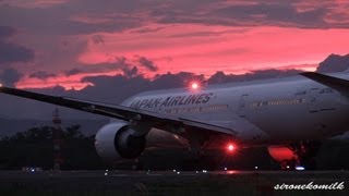 【赤い夕景が美しい仙台空港】日本航空イタリア・ミラノ行き国際線チャーター便 ボーイング777-200/ERが離着陸