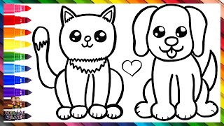 Cómo Dibujar Un Gato Y Un Perro 🐱❤️🐶 Dibuja y Colorea Un Lindo Gato Y Un Perro 🐈🐕 Dibujos Para Niños