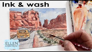 Ink & wash  Postcard - desert Camper