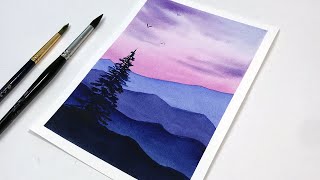Watercolor Tutorial For Beginners Step by Step | Purple Sunset | Watercolor Painting For Beginners