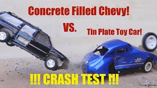 CRASH TEST - 1/18 Tin Plate Mercedes 300 SL vs Concrete Filled Chevy Suburban! - Super Slow Motion -