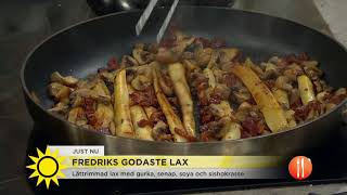 Krögaren Fredrik Eriksson bjuder på sin godaste lax och håller laxskola - Nyhetsmorgon (TV4)