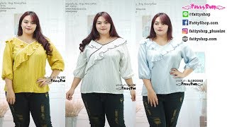 เสื้อลายริ้วคอวี​ระบายย้วยปลายแขนจัมพ์ (S,L) | fattyshop.com เสื้อผ้าคนอ้วน เสื้อผ้าไซส์ใหญ่