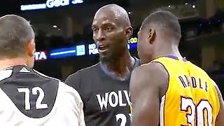 Lakers' Julius Randle Throws Ball off Kevin Garnett, KG Gets Technical