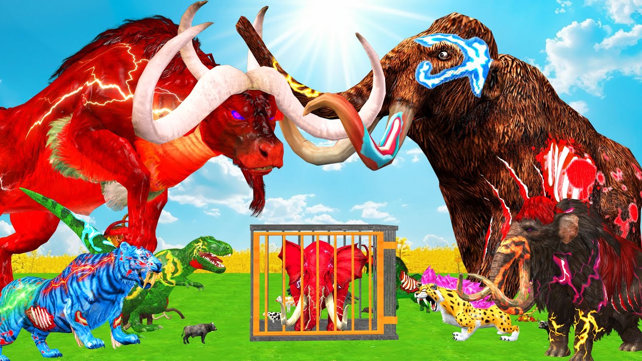 5 Giant Mammoth Elephant Cow Vs 5 Giant Tiger Vs Bull Wolf Elephant