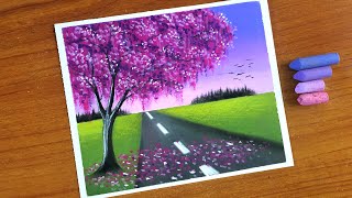 Oil Pastel Cherry Blossom Tree Scenery for beginners | Oil Pastel Drawing