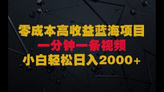 0成本高收益蓝海项目，全网第一个方法。一分钟一条视频，年底最热项目，小白轻松日入2000+