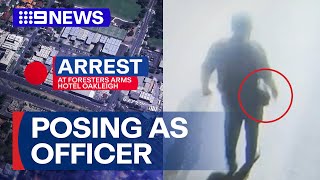 Man arrested after allegedly posing as police officer with fake gun | 9 News Australia