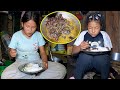 Anita & Sanjita having dinner II Dry meat curry & rice at dinner in goat hut@pastorallifeofnepal