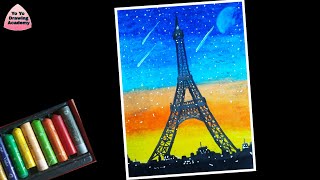 Eiffel Tower Scenery Drawing With Oil Pastels - Step by Step / Oil pastel drawing