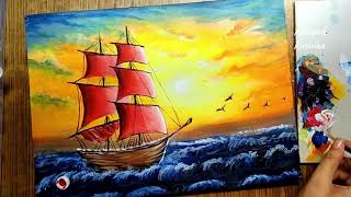 Acrylic Painting of Sailboat on the Ocean / How To Paint Seascape with A SHIP