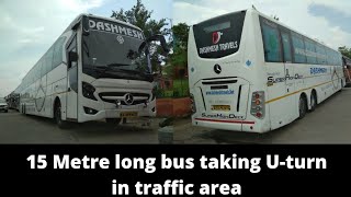 Dashmesh Travels 15 Metre long Mercedes Benz Bus taking U-turn in traffic area