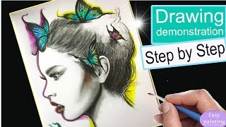 Drawing, Shading realistic WOMAN`S face with graphite & aquarelle pencils