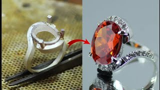 Luxury Orange Sapphire Ring and Cubic Zirconia || Women's Ring