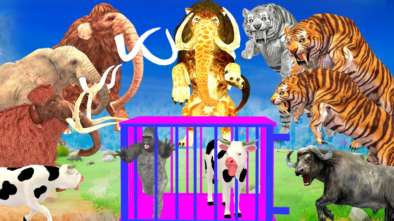 5 Giant Elephant Cow Vs 5 Giant Tiger Monster Lion Attack Gorilla Cow