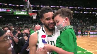 Deuce and Jayson Tatum celebrate the Celtics W 💚🍀
