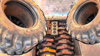 Shredder vs Giant vehicle tyres, Metal things! Extreme metal shredder