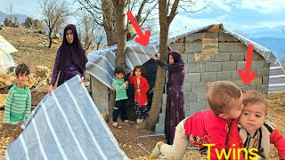 Narges' Mountain Life: Covering the roof of the goat hut with rainproof nylon! 🏔️🐐💧