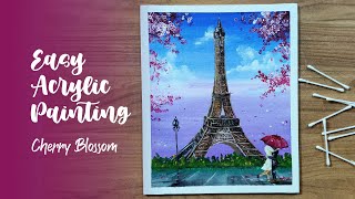 Eiffel Tower Acrylic Painting | Cherry Blossom | Cotton Swab Technique | Painting For Beginners